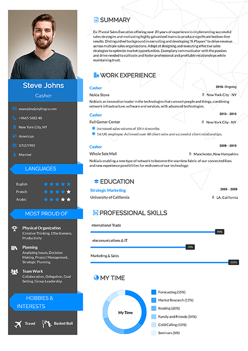 Learnt languages, professional and soft skills and hobbies have a place on the left. While your educational and professional skills are on the right in this CV template. 