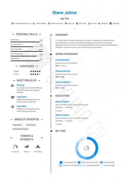 The pointy header with it’s strong colors are a dominant show for your resume. Your skills have a great place on the left in this resume template. 